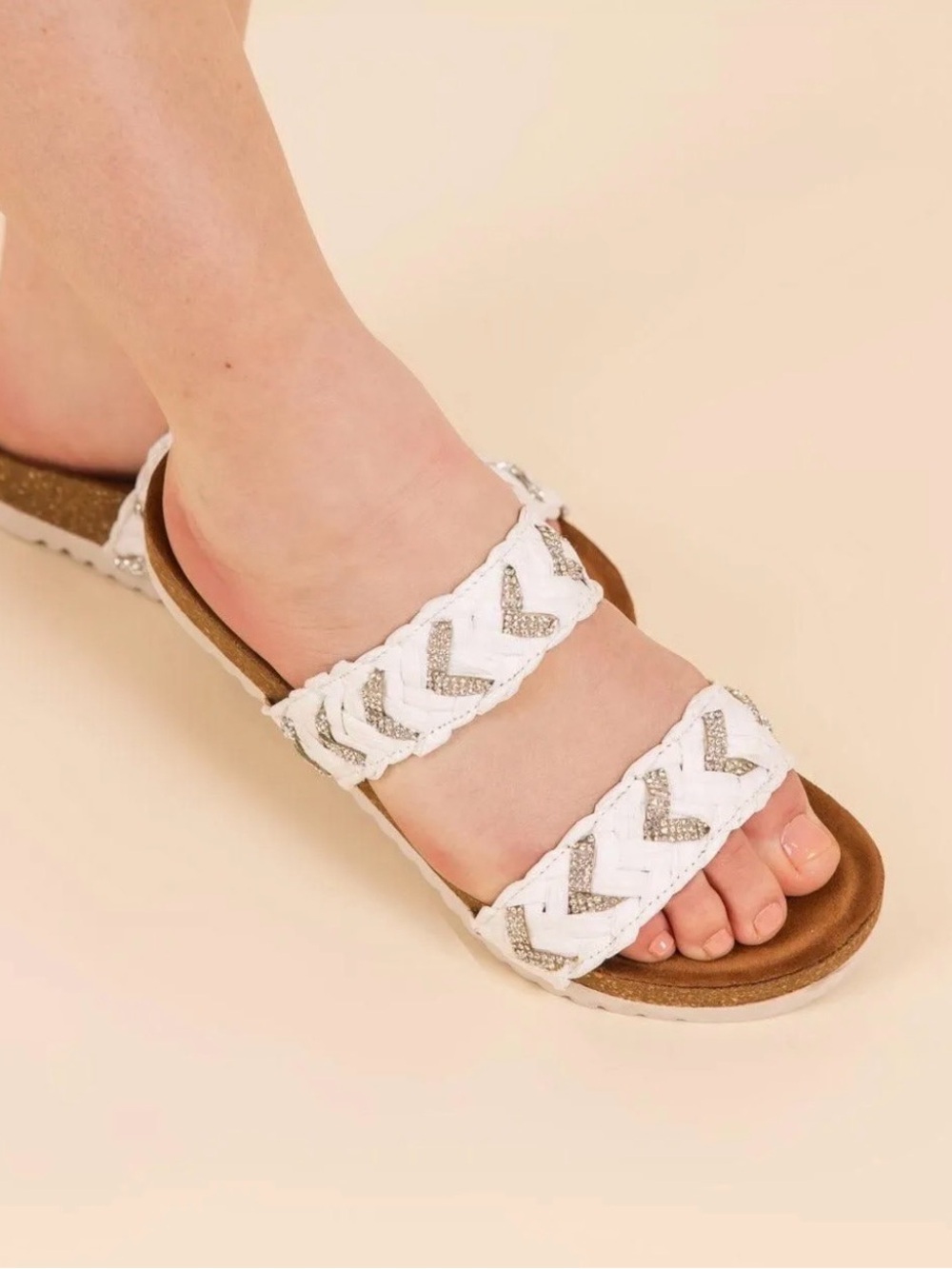 New naughty monkey White Braided Double-Strap Slide Sandals Metallic Accents